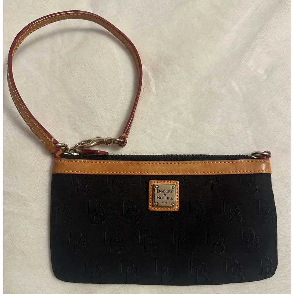 Dooney & Bourke Black Monogram Canvas Wristlet Pouch Tan Leather Trim Red Lining